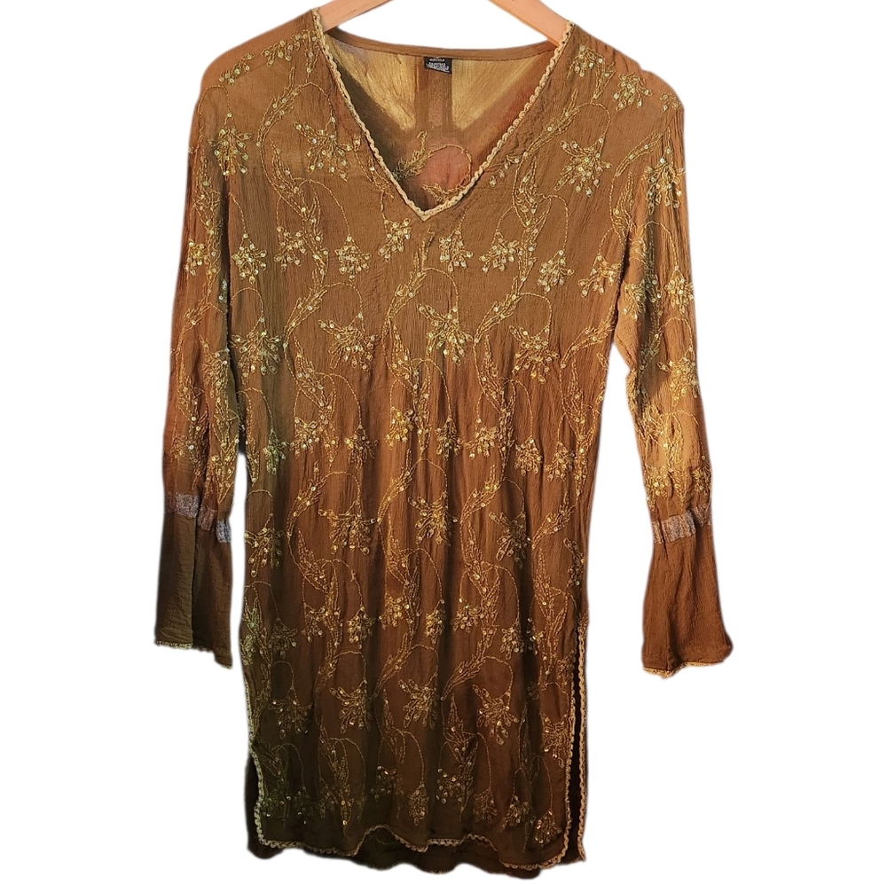 Boho Embroidered Silk Olive Green V-Neck Salwar Tunic Top